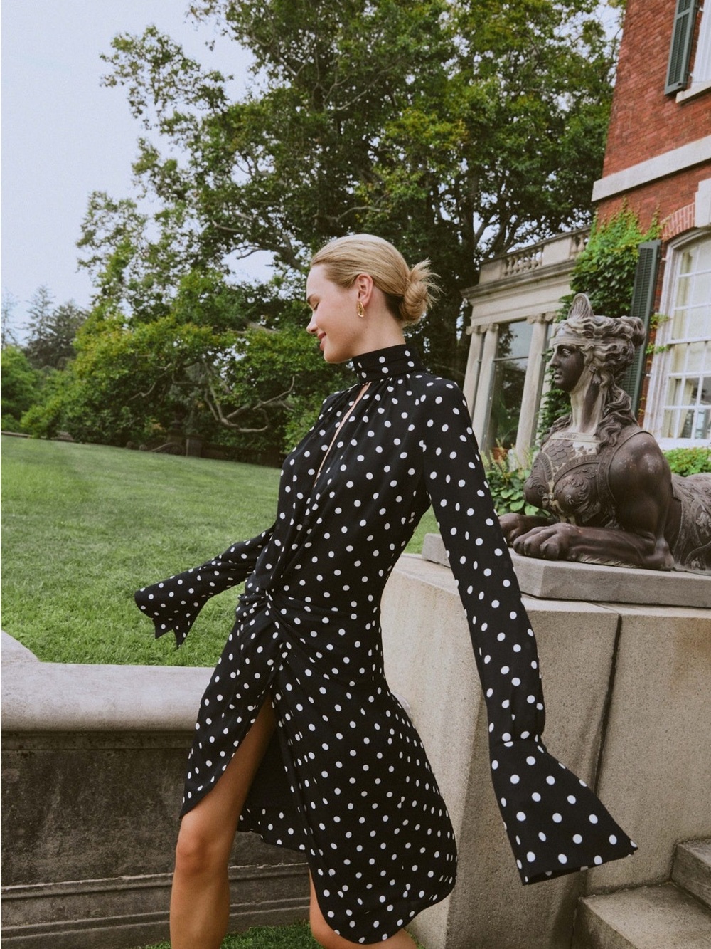 Nina Ricci Black and White Polka Dot Long-Sleeve Midi Dress